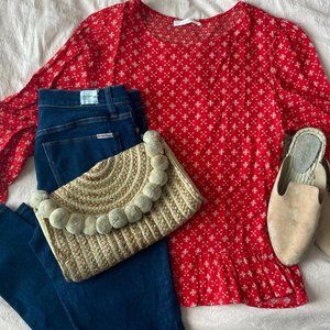 Nordy Red Printed Sweetheart Peplum Blouse Sz L